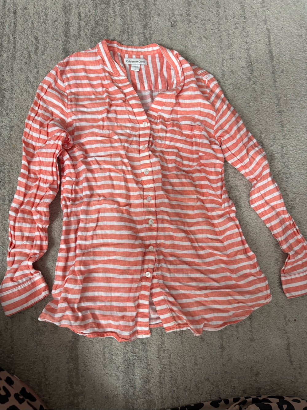 Coldwater creek linen Coral and White Striped Button-Front Women's Top